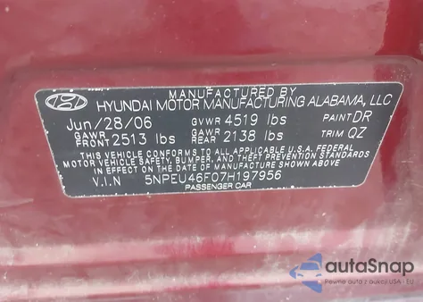 2007 Hyundai Sonata Limited/Se V6 z USA, uszkodzony, nr VIN 5NPEU46F07H197956